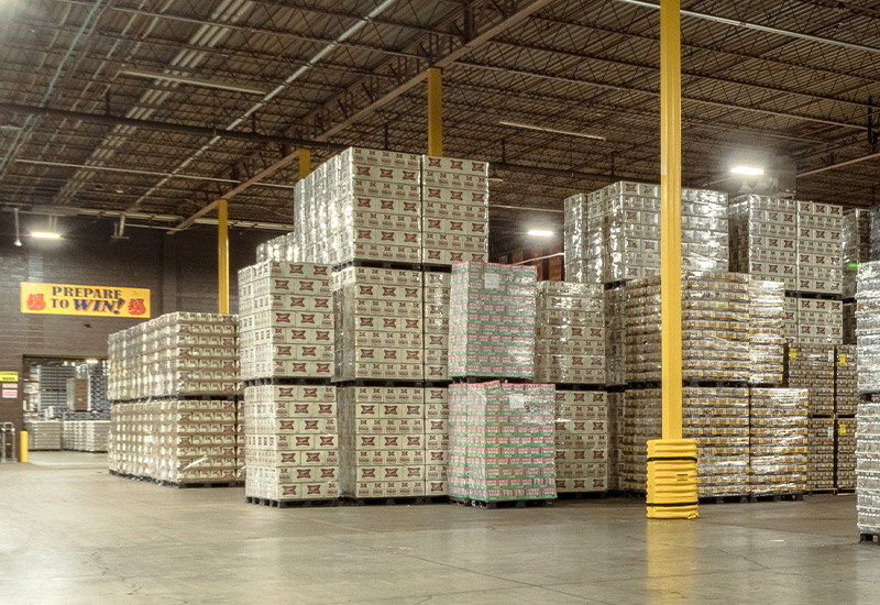 Palettes of beer in warehouse